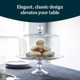 Libbey Selene cake stand with dome lid, side view highlights elegant curved profile