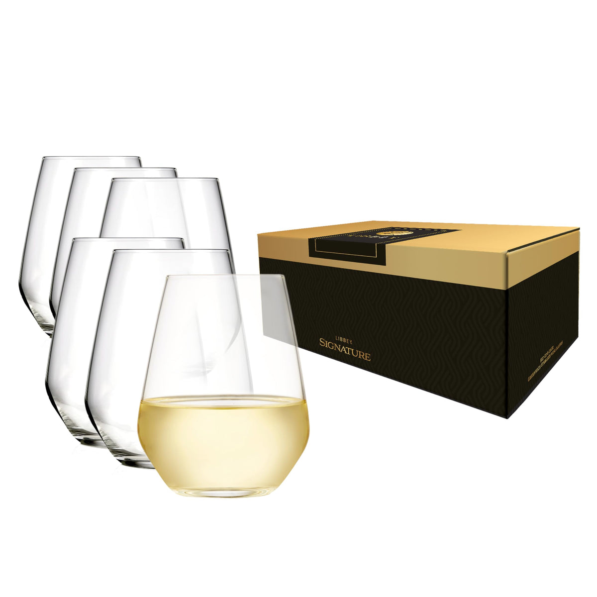 Libbey Signature Greenwich stemless glass with angular bowl enhances wine aromas.