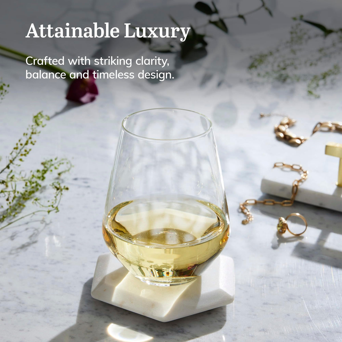 Libbey Greenwich stemless glass showcases wine clarity and color.