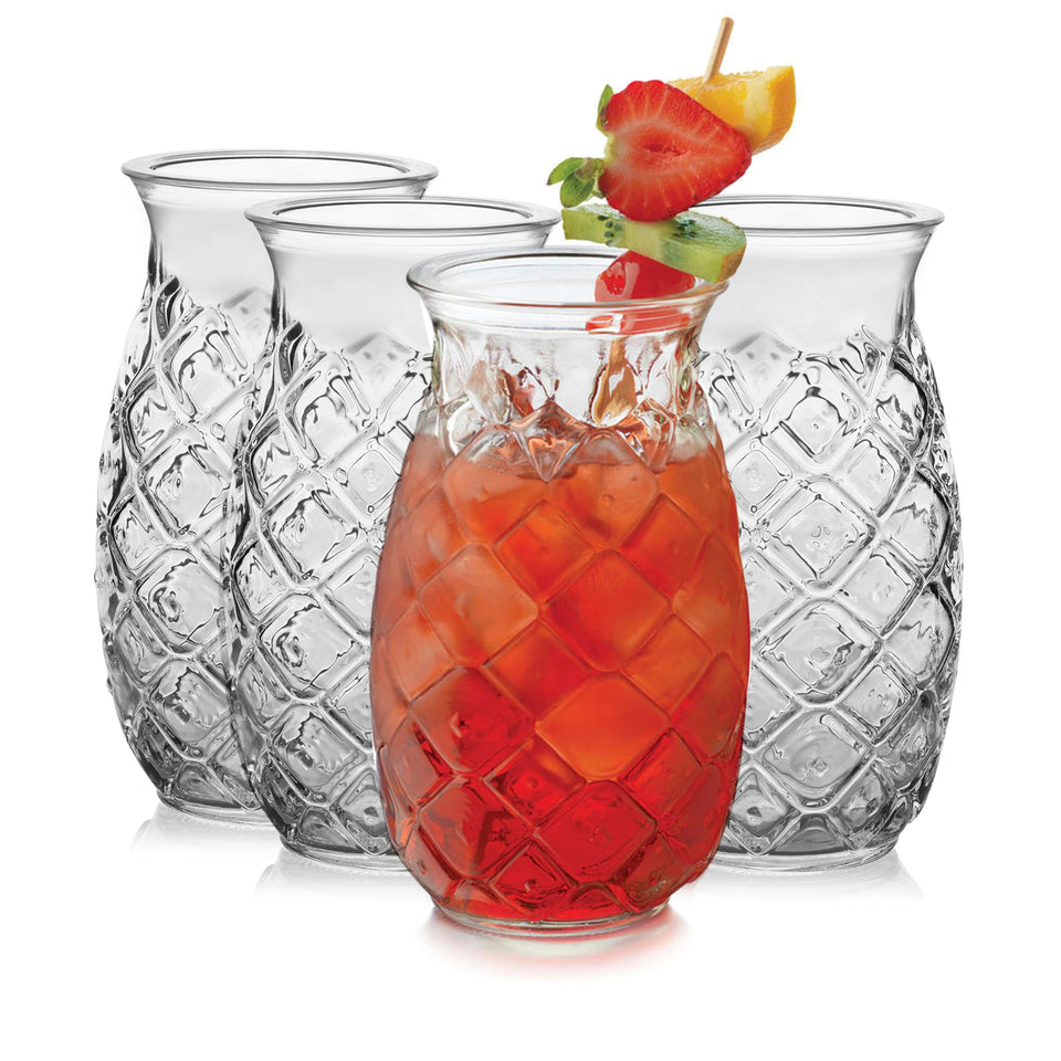 Libbey Tiki Pineapple Glasses Set of 4 with pineapple texture, ideal for tropical cocktails