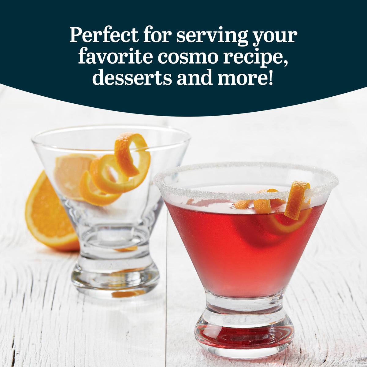 Libbey wide-rim cocktail glasses enhance aroma and presentation.