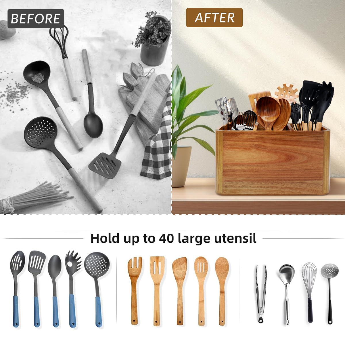 Liberal Brightdeer Acacia wood utensil holder adds natural kitchen appeal