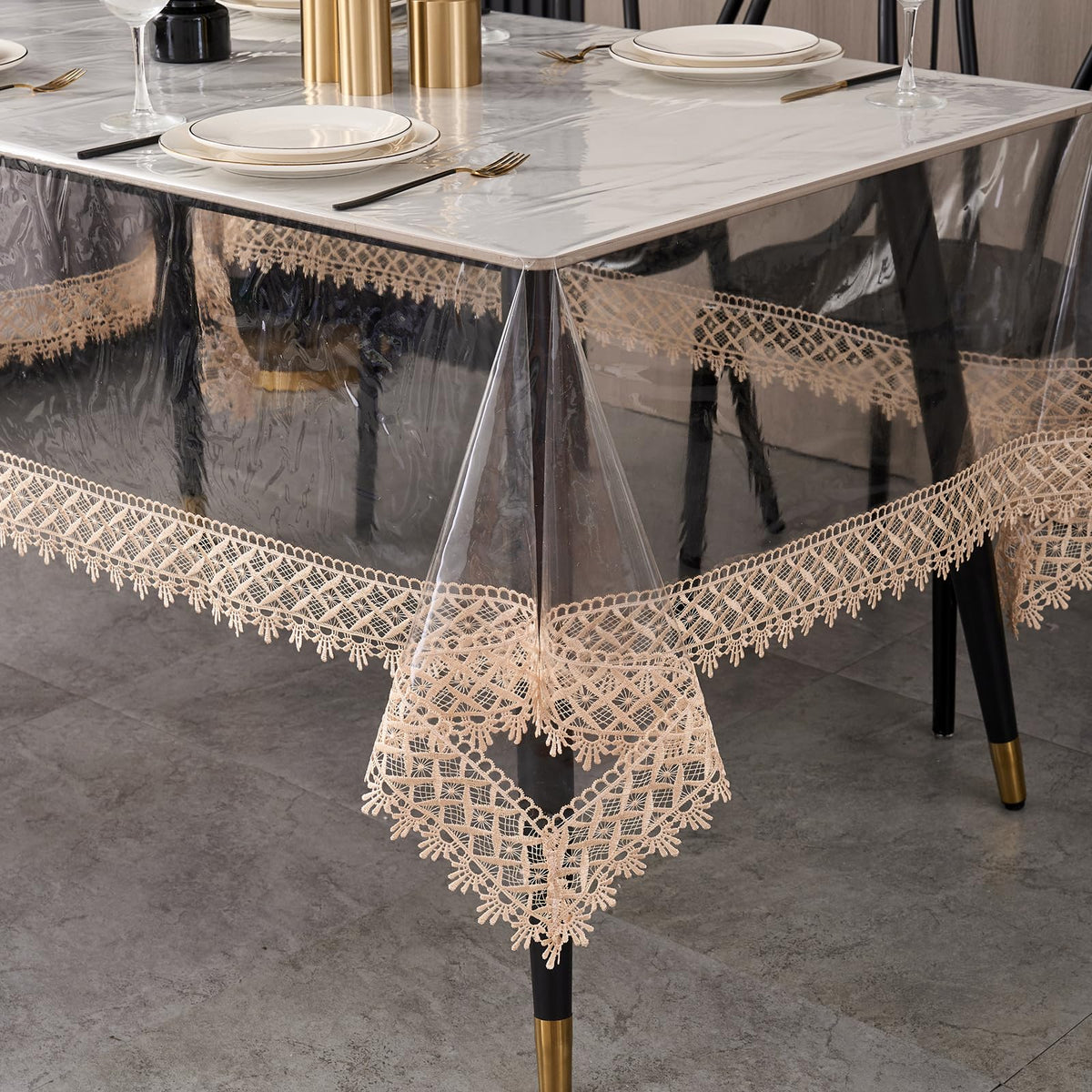 LIBERECOO clear table cover with lace edge protects surfaces while highlighting your tabletop.