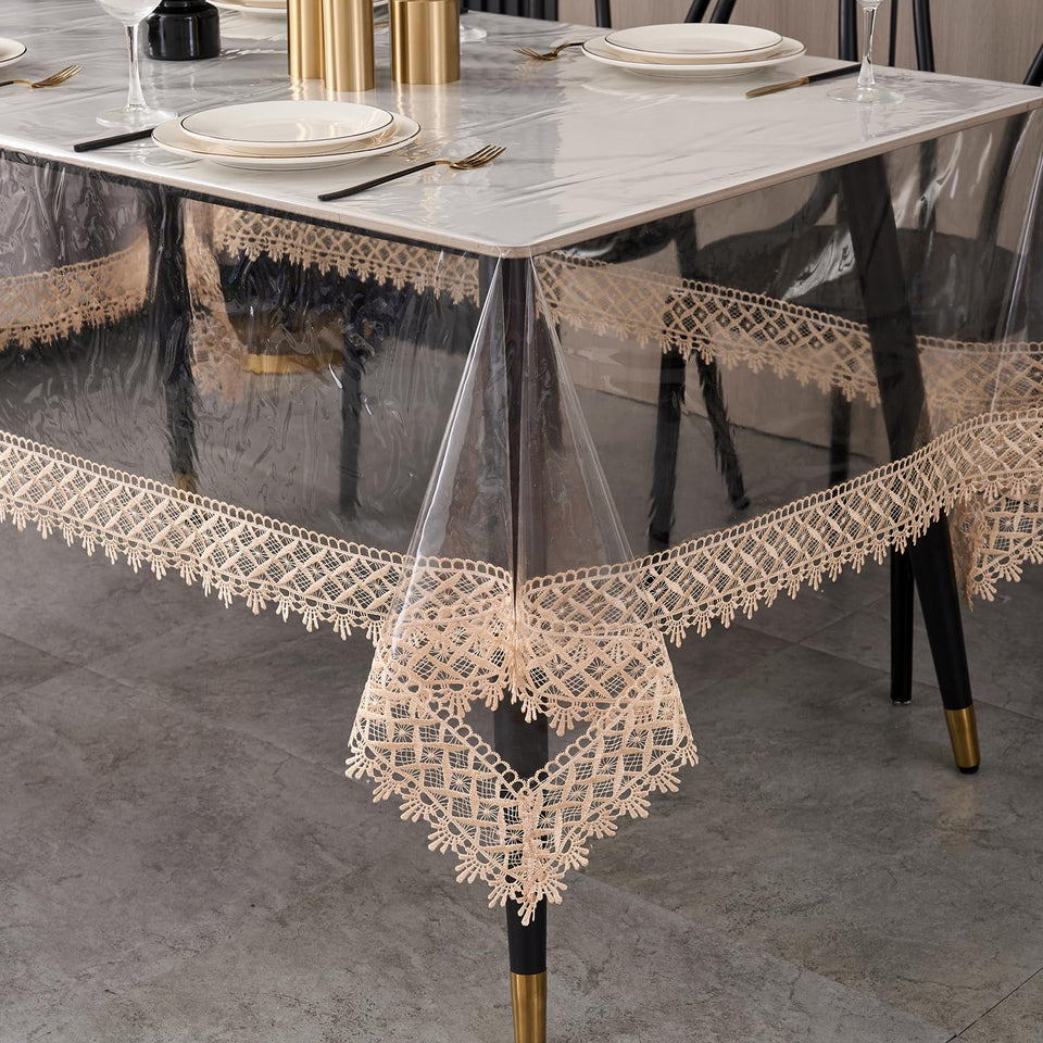LIBERECOO clear table cover with lace edge protects surfaces while highlighting your tabletop.