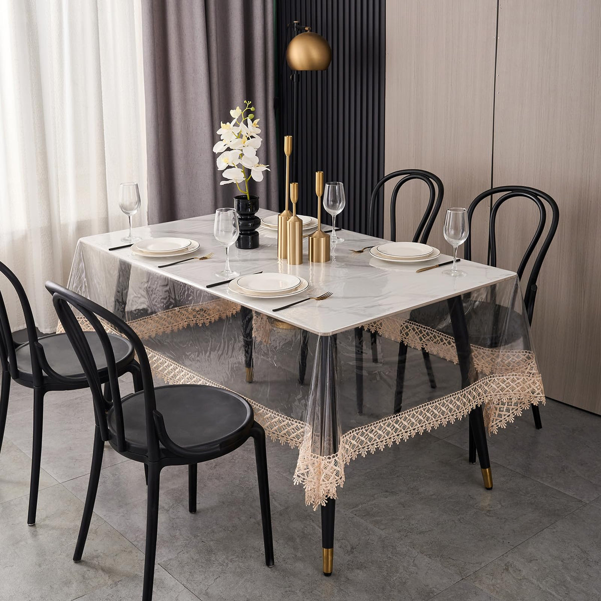 LIBERECOO lace-edge tablecloth adds a decorative touch to dining setups.