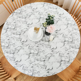LIBERECOO round tablecloth with elastic edge for a secure fit on 45-56 inch tables.