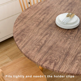 LIBERECOO wood-pattern tablecloth offers durable vinyl protection with style.