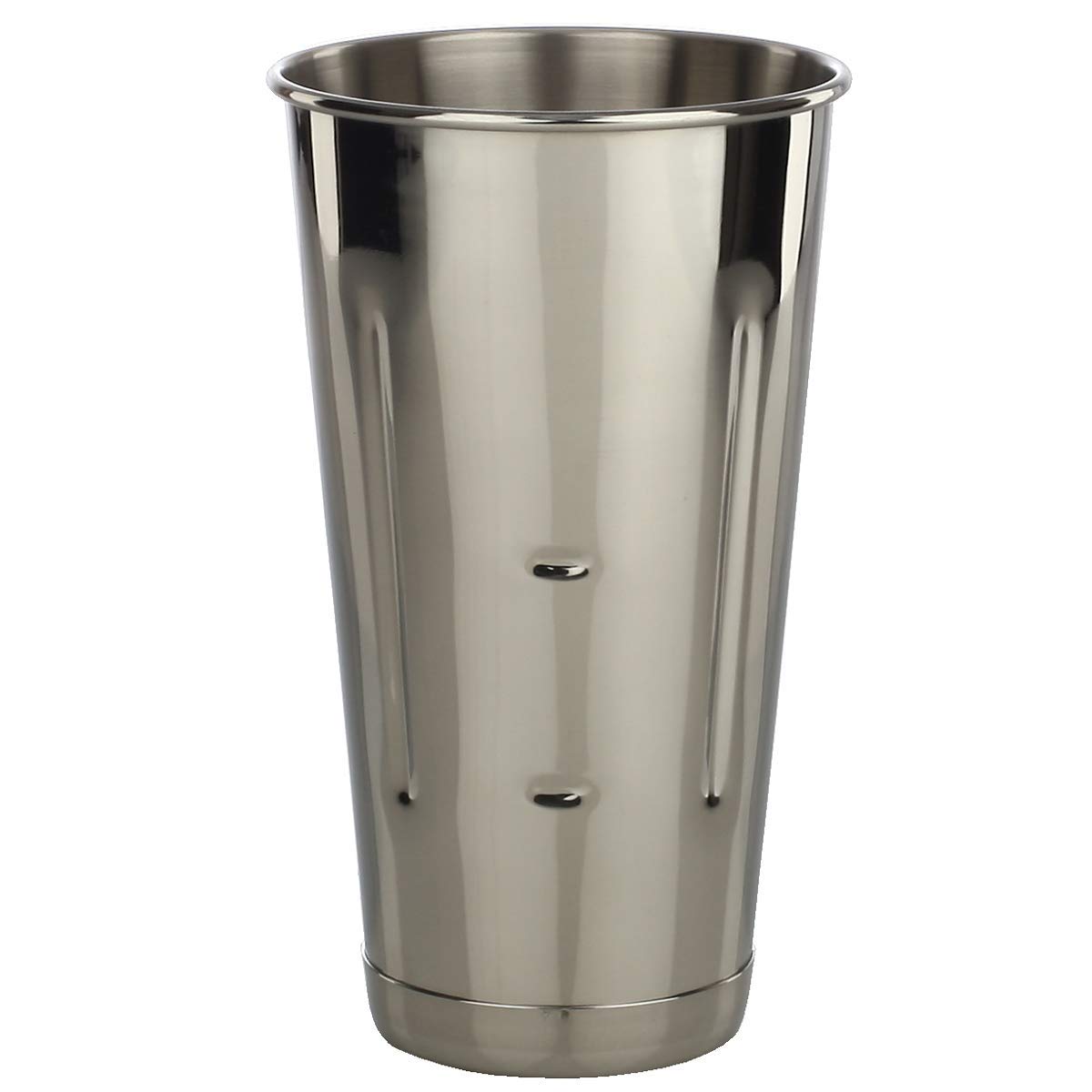Libertyware stainless malt milkshake cups showing bottom lip for secure attachment to stand machines