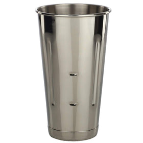 Libertyware stainless malt milkshake cups showing bottom lip for secure attachment to stand machines