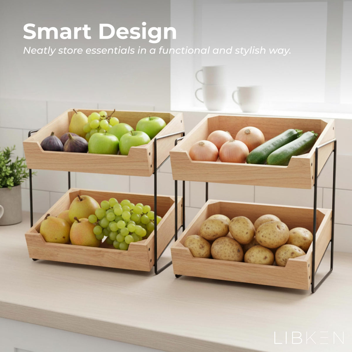 LIBKEN kitchen setup with two levels for fruits and bread.