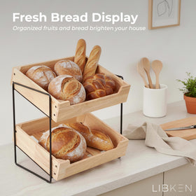 LIBKEN rack detail shows natural rubberwood finish and metal supports.