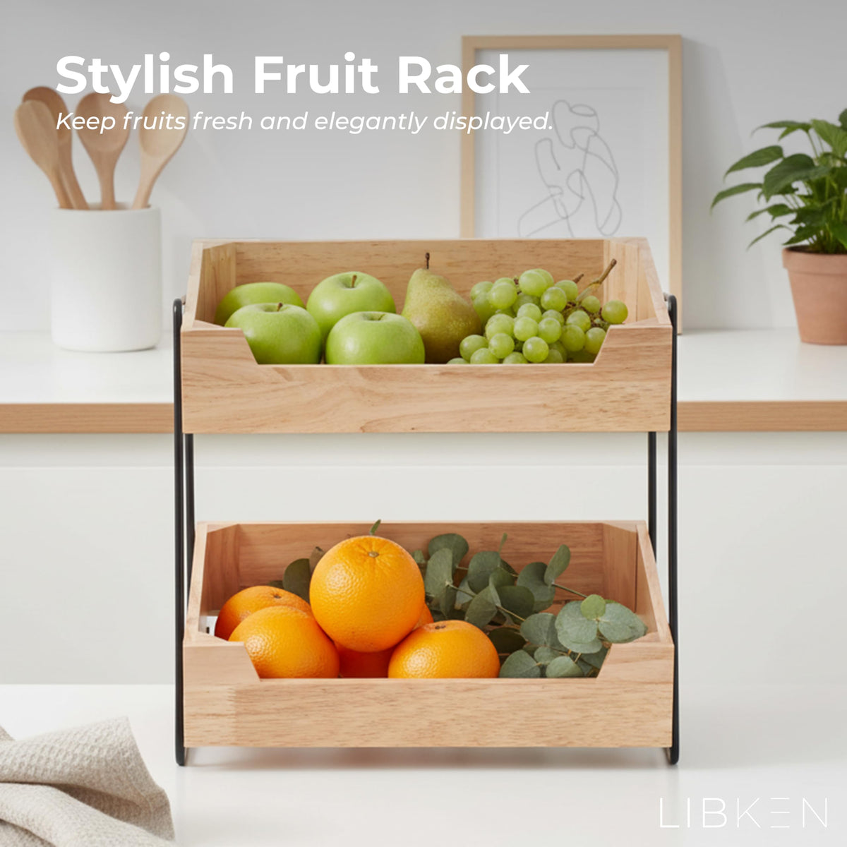 LIBKEN 2-Tier Fruit Basket side view highlighting sturdy rubberwood.