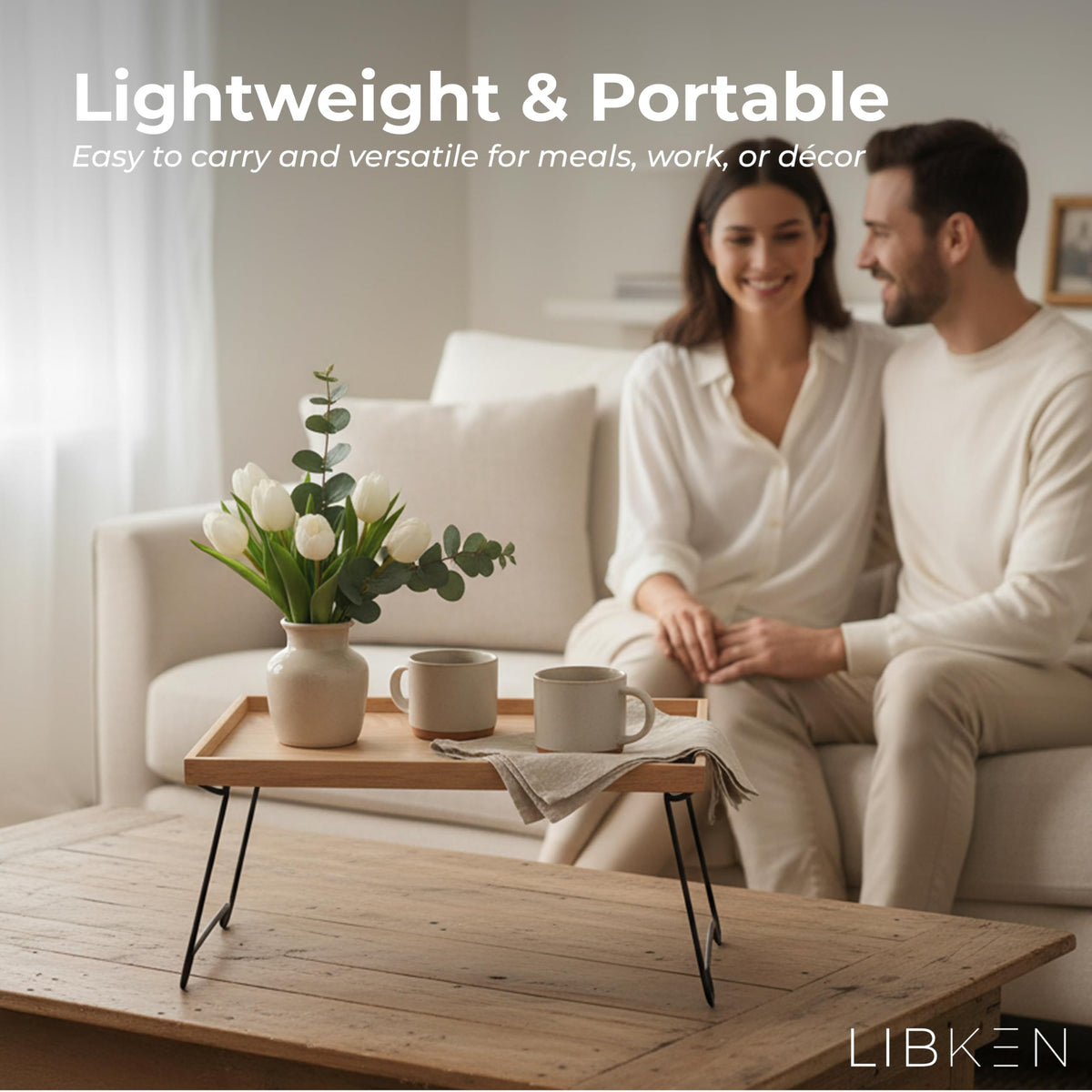 LIBKEN breakfast in bed tray supporting a morning meal setup.