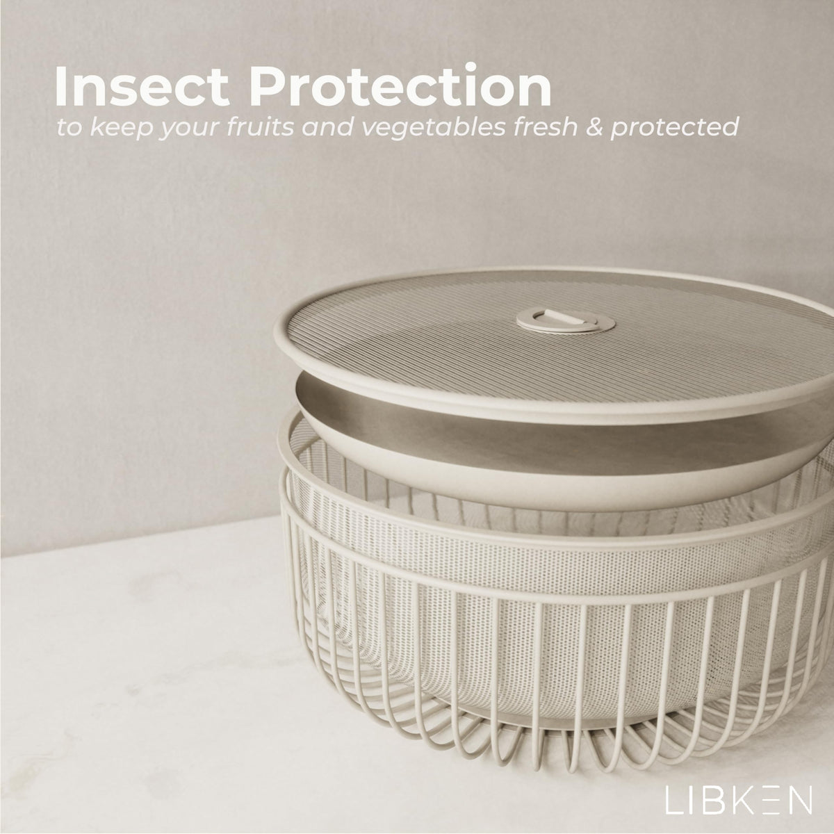 LIBKEN mesh-lid bowl closeup highlighting breathable design that protects produce from dust.