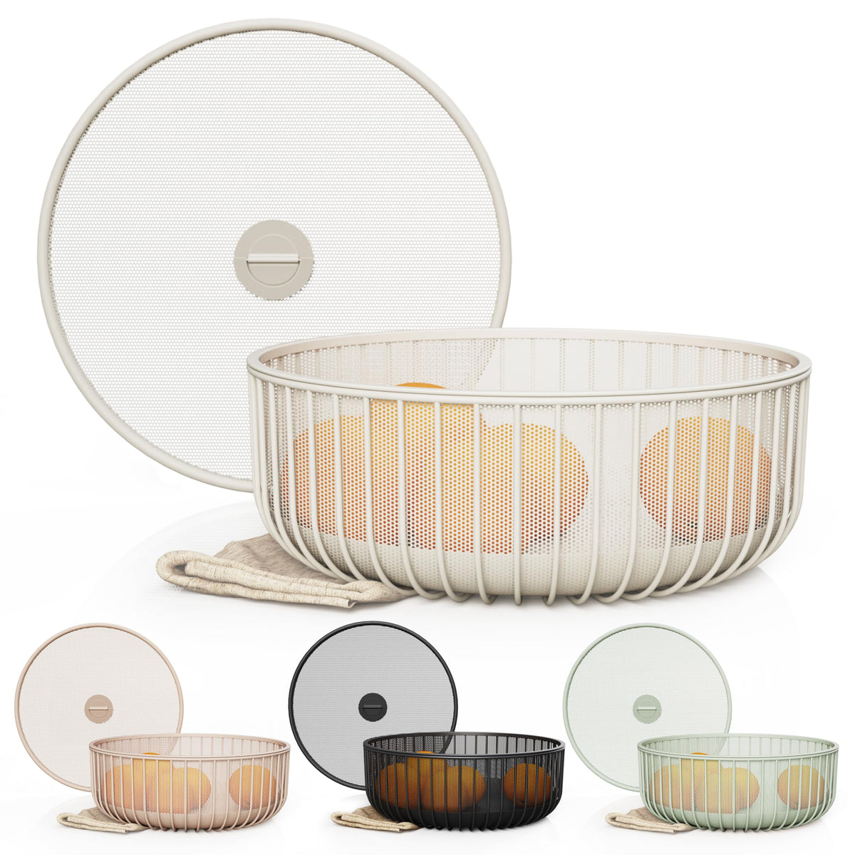 LIBKEN metal fruit bowl with mesh lid on countertop keeps produce fresh and accessible.