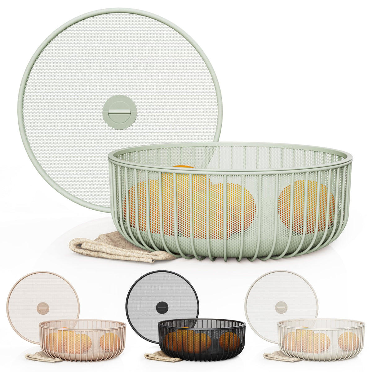 LIBKEN metal fruit basket with mesh lid in green promotes airflow to keep produce fresh