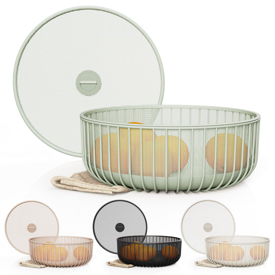 LIBKEN metal fruit basket with mesh lid in green promotes airflow to keep produce fresh