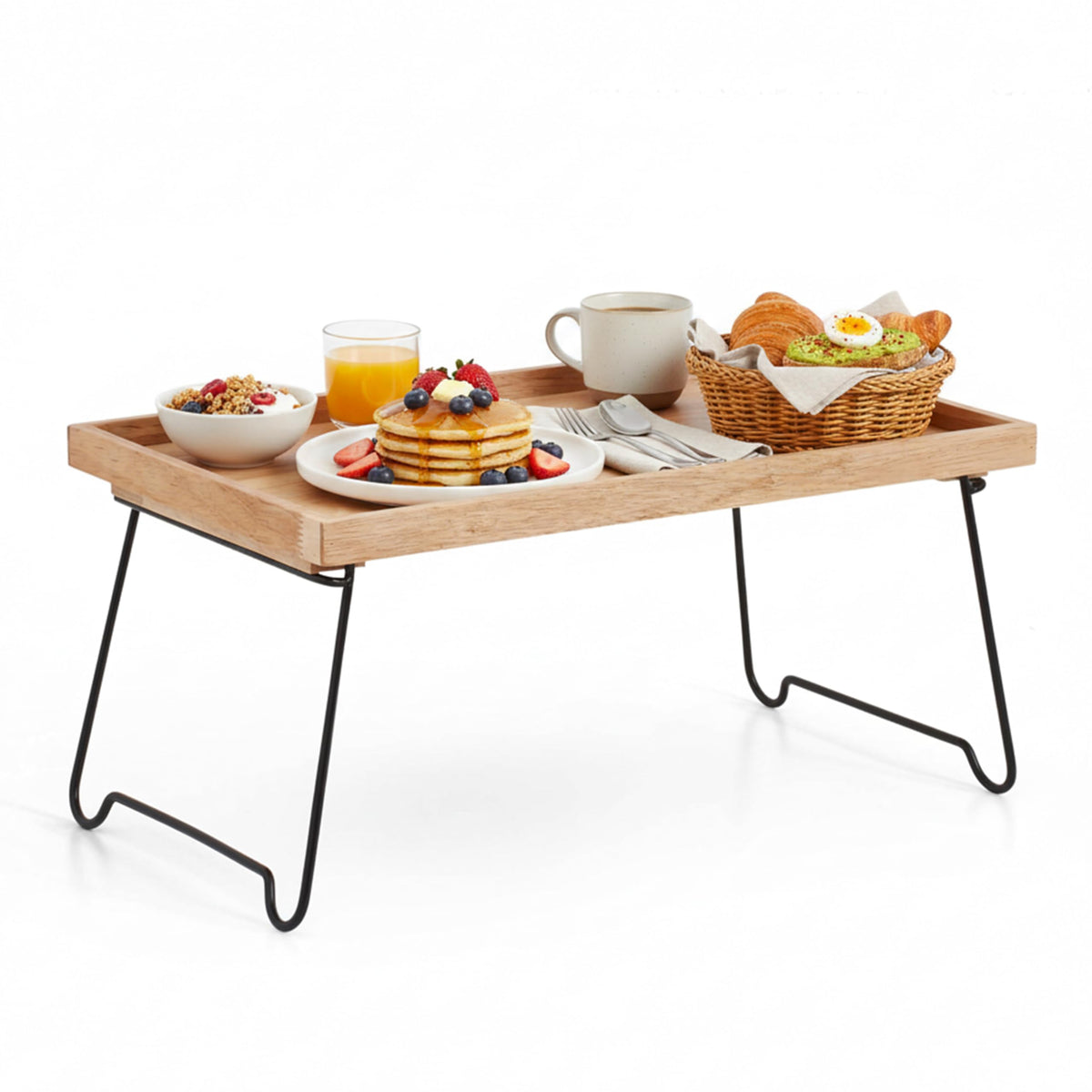 LIBKEN rubberwood serving tray with foldable legs ready for bed meals.