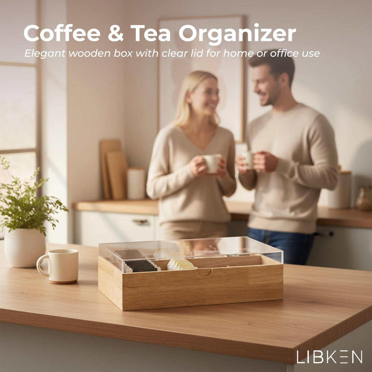 LIBKEN eight-compartment tea box on display with visible tea varieties.