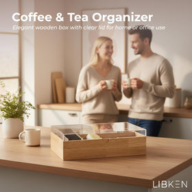 LIBKEN eight-compartment tea box on display with visible tea varieties.