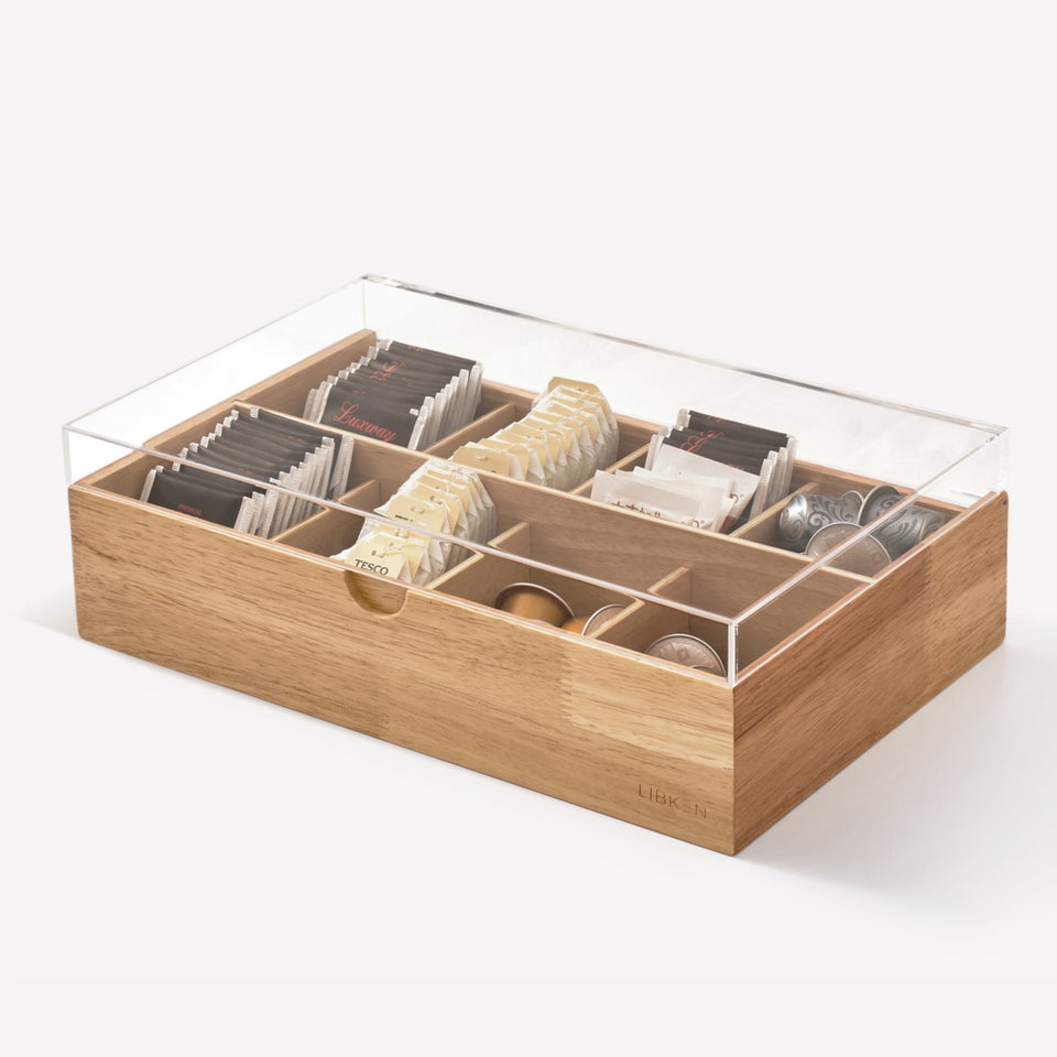 LIBKEN wooden tea bag organizer with clear lid for quick flavor selection.