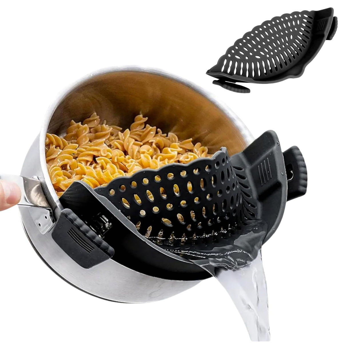 Liboyixi clip-on strainer attached to a pot rim for quick draining