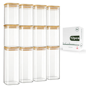 LIBWYS 12-pack square glass storage jars with bamboo lids—perfect for compact pantry organization and visibility.