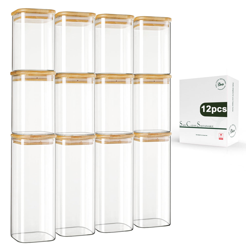 LIBWYS 12-pack square glass storage jars with bamboo lids—perfect for compact pantry organization and visibility.