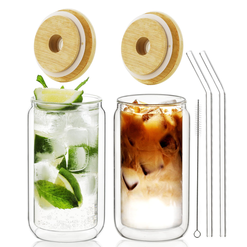 LIBWYS double-wall glass cups with bamboo lids and straws stay cool and condensation-free.