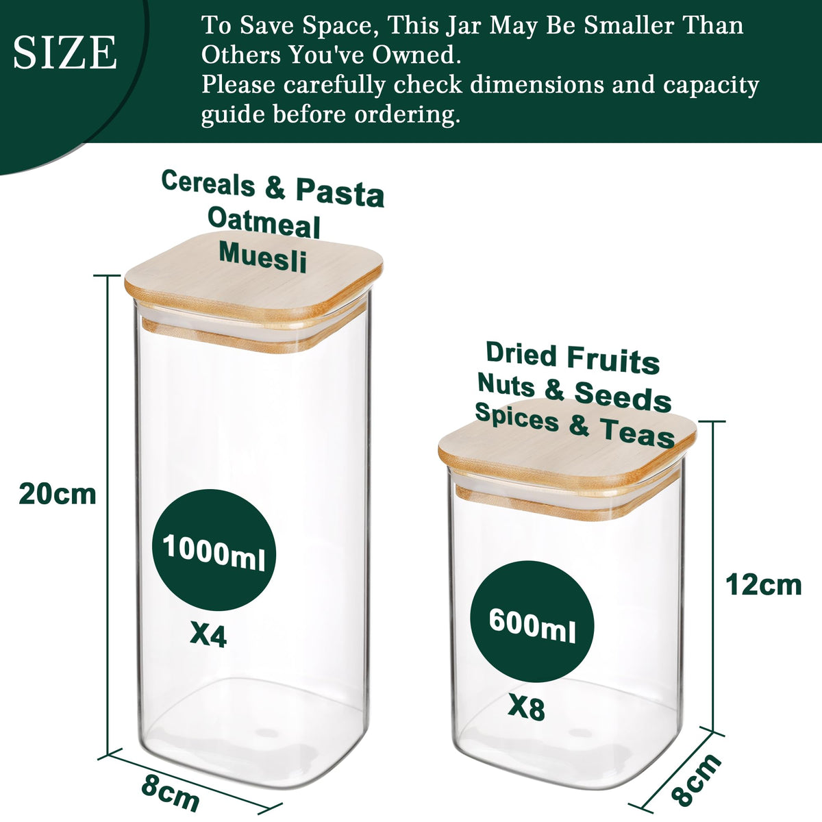 LIBWYS square glass storage jar with bamboo lid—clear view of contents, ideal for coffee or flour.