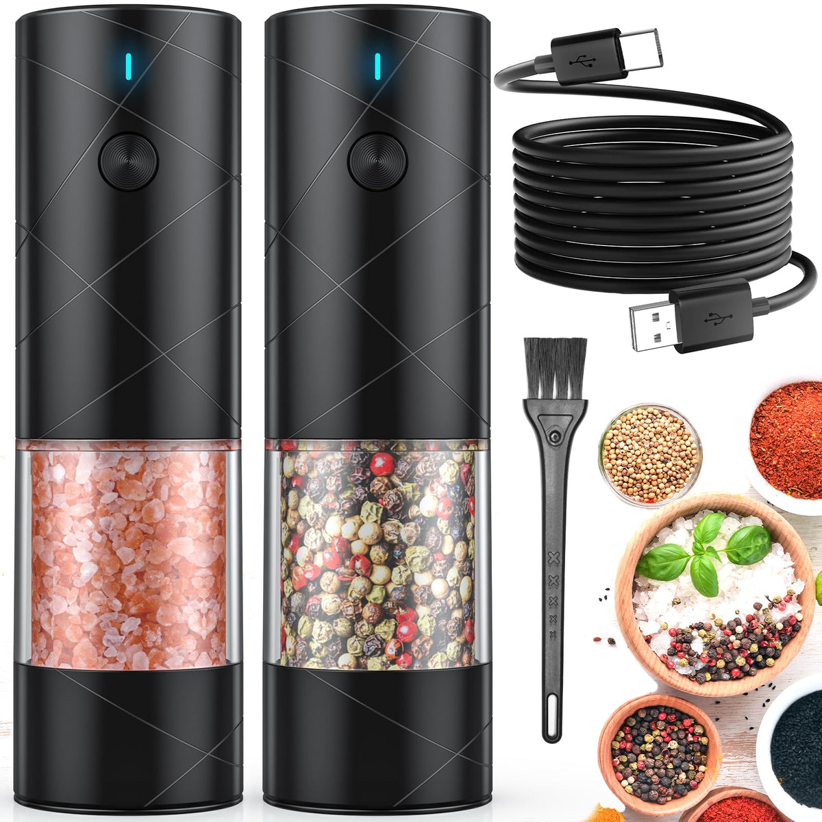 Lidaop 2-pack electric salt and pepper grinders with warm LED light for precise seasoning.