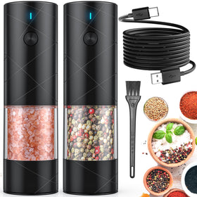 Lidaop 2-pack electric salt and pepper grinders with warm LED light for precise seasoning.