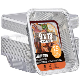 Lideropa 9x13 aluminum pan with lid stacked, ideal for meal prep and storage