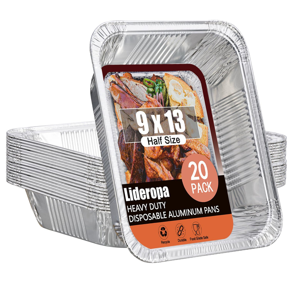 Lideropa half-size aluminum pans 9x13 pack on counter for quick meal prep.