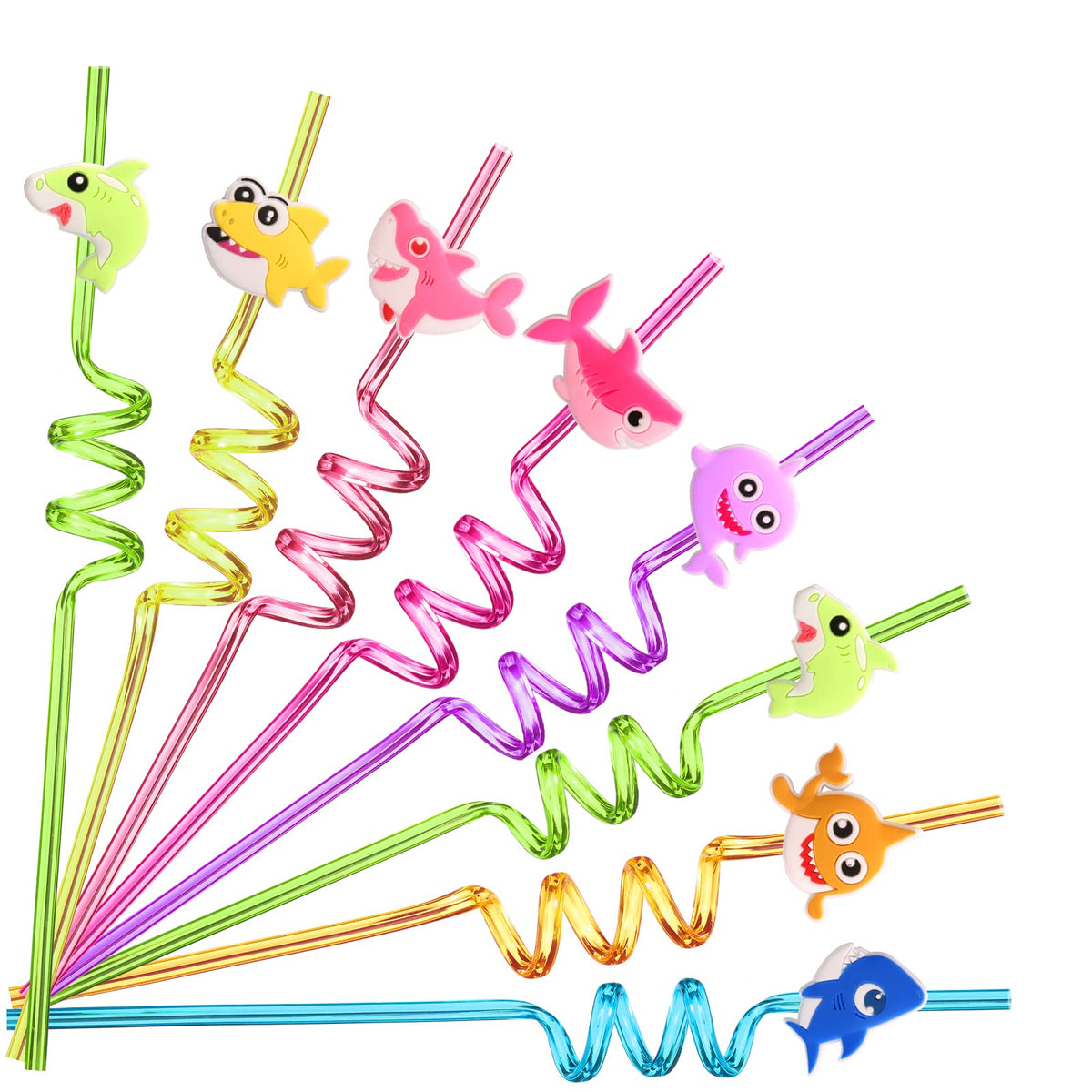 Lidmada 24 shark straws with colorful characters for kids' parties and favors.