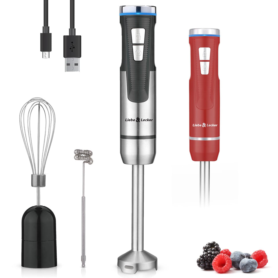 Liebe&Lecker cordless immersion blender with comfortable handle for versatile on-the-go blending.