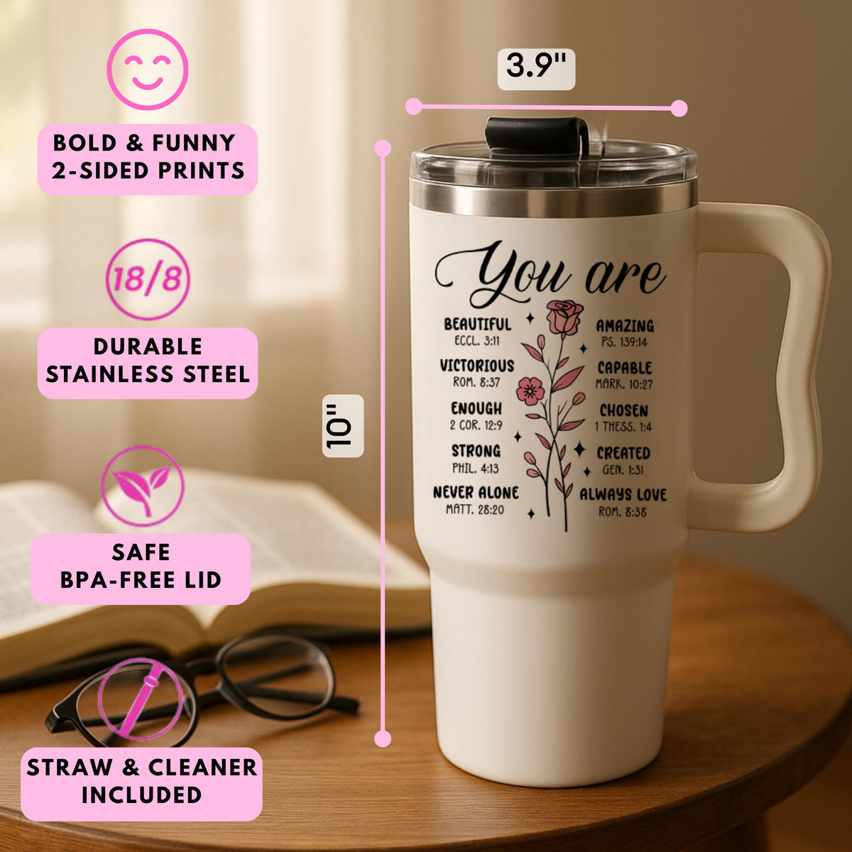 LIERIE8888 woman-holding-tumbler, elegant daily reminder of faith.