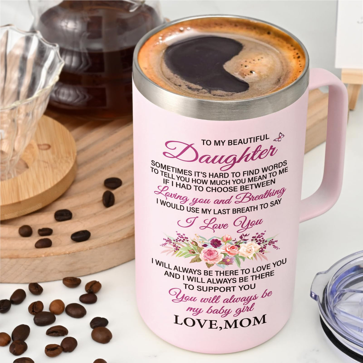 Lifecapido 20oz mug in rose quartz ready for daily use.