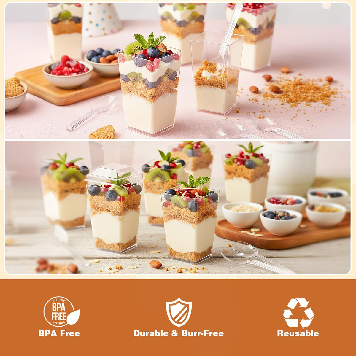 LifeIdeas BPA-free cups highlighted for safe, durable dessert serving.