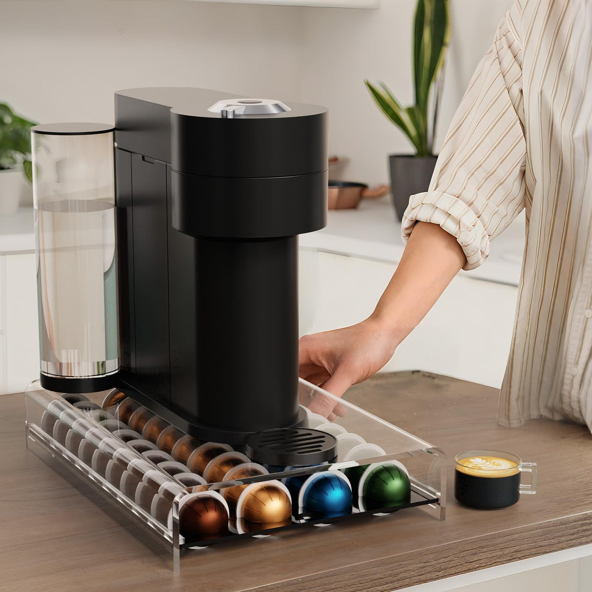 LifeMoreasy acrylic pod holder shows 40-pod capacity for quick coffee access.