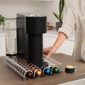 LifeMoreasy acrylic pod holder shows 40-pod capacity for quick coffee access.