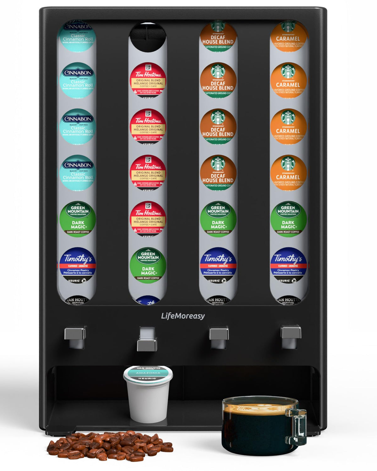 LifeMoreasy vending-style K Cup dispenser with 28-pod capacity for quick access.