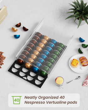 LifeMoreasy Vertuo pod organizer fits under the machine to save counter space.