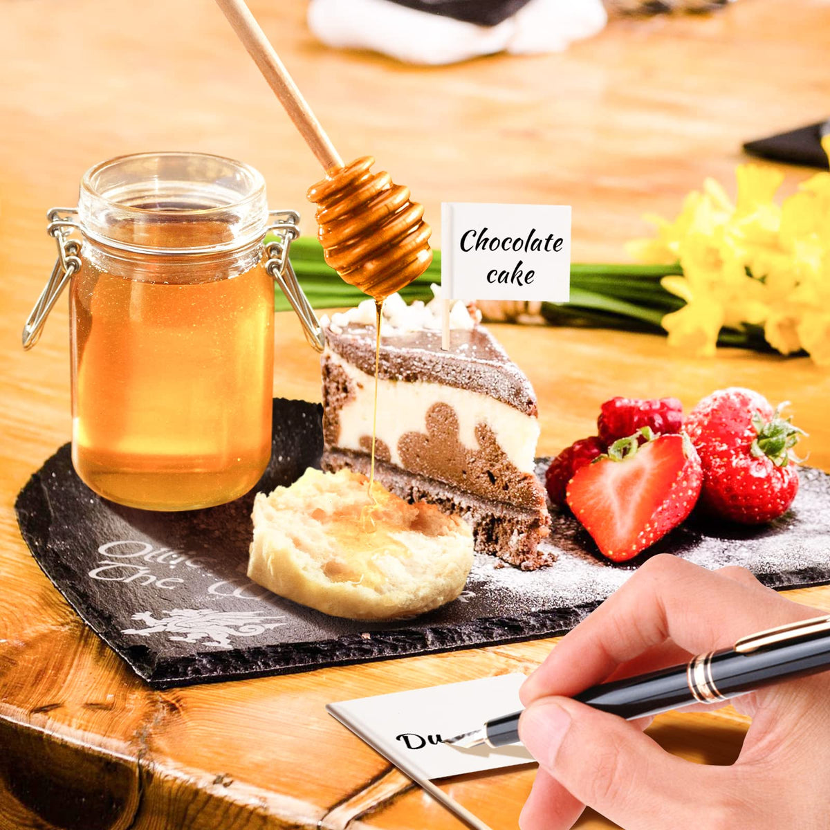 LifeMusican wooden honey dipper for drizzle and dip at gatherings.