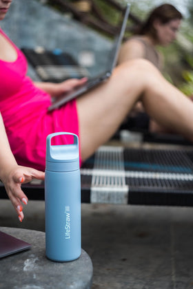 LifeStraw Go bottle with cool water shows all-day insulation