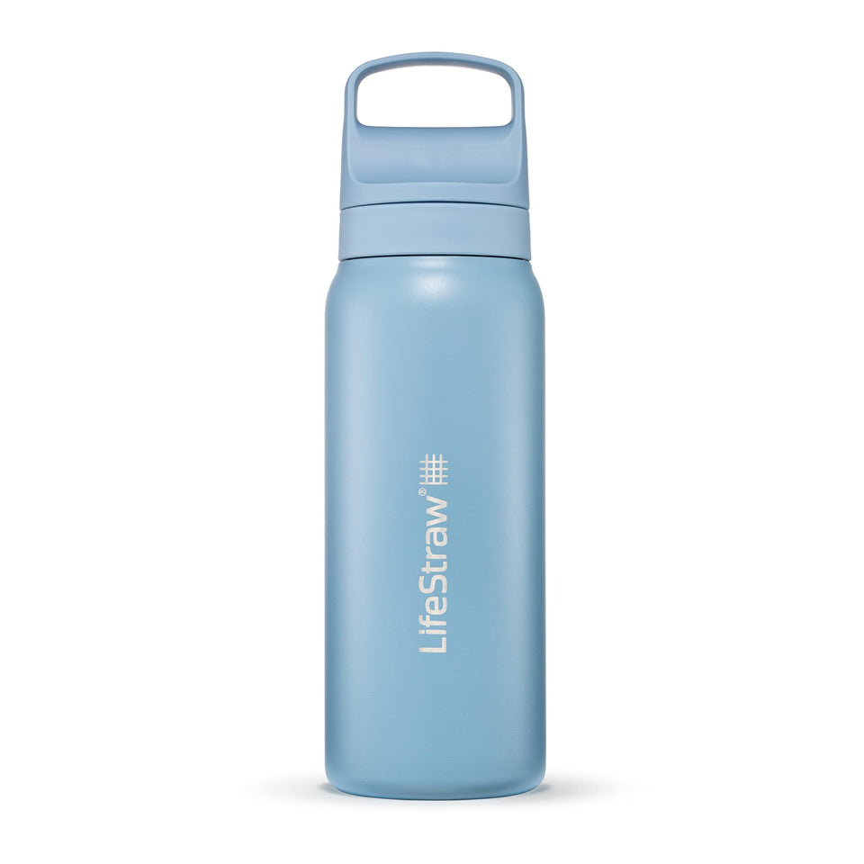 LifeStraw Go exterior bottle shows durable stainless steel for everyday use and travel.