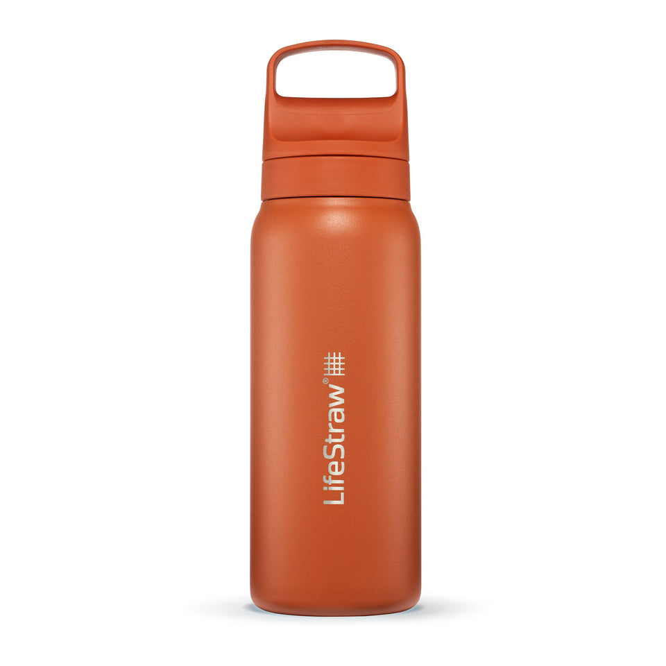 LifeStraw Go Kyoto Orange bottle ready for travel with clean-tasting water