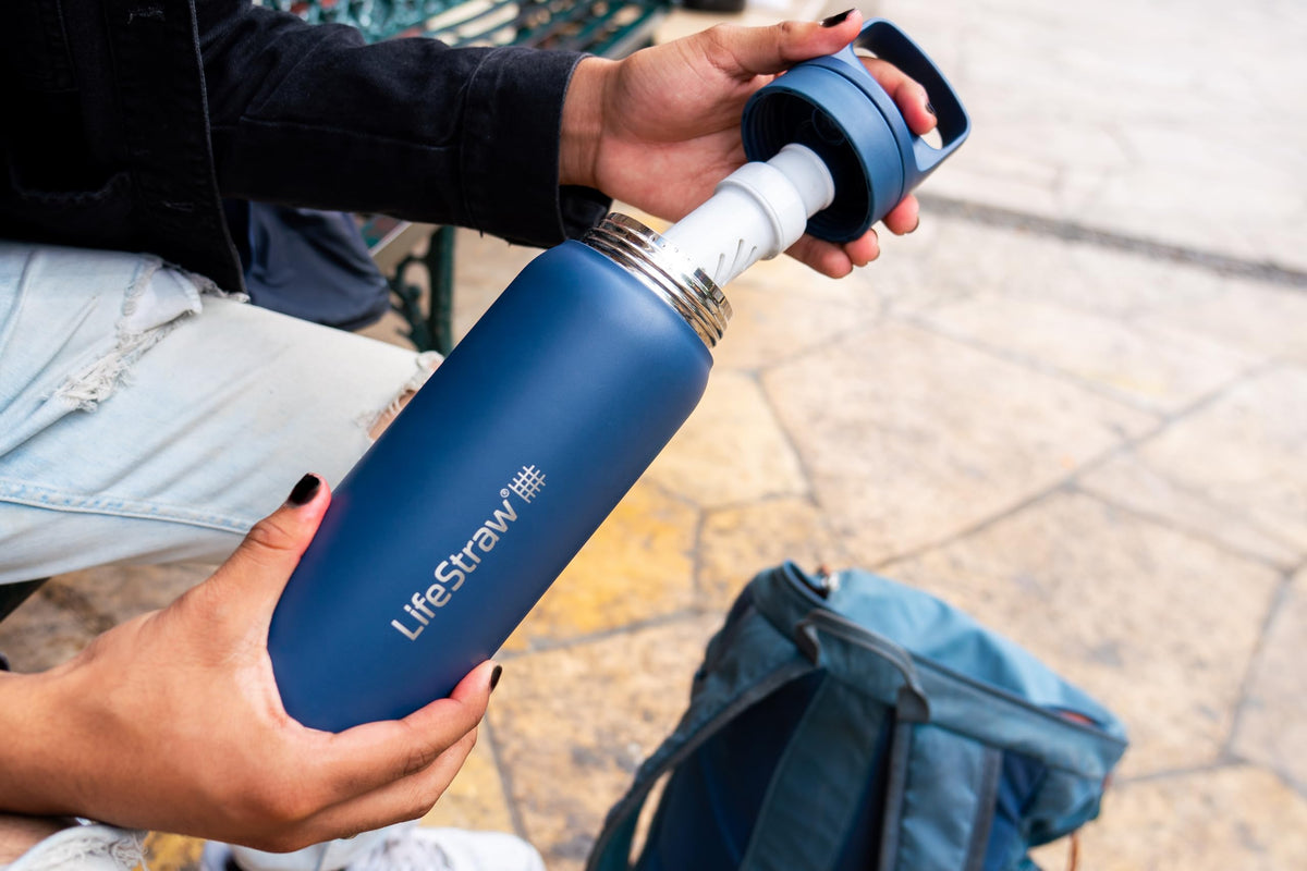 LifeStraw Go Series bottle cap detail showing leak proof lid for on the go