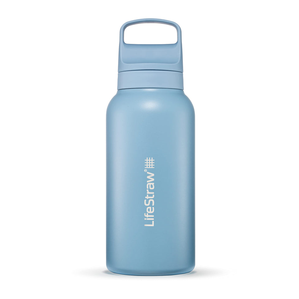 LifeStraw Go Series Icelandic Blue bottle cap close-up showing secure travel seal.