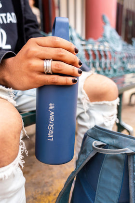 LifeStraw Go Series bottle in use during a hike for hydration on the trail